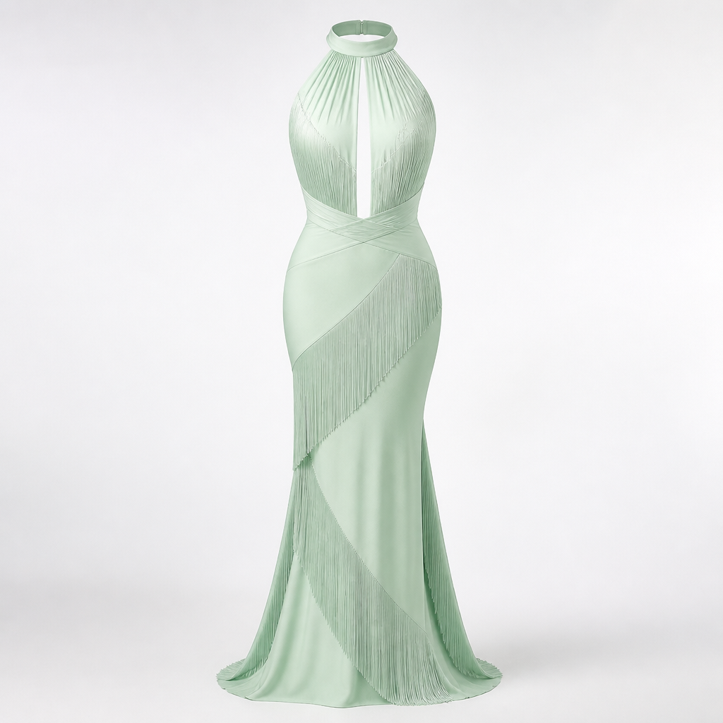 Women's Halter Evening Gown | Polyester Mint Green | Tassel Fishtail with Fitted Waist