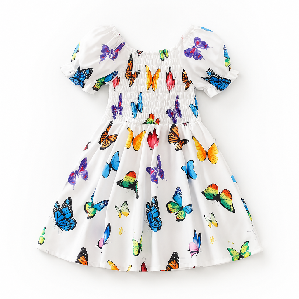 Girls' Breathable Frill-Sleeve Butterfly Print Dress (Ages 1-8)