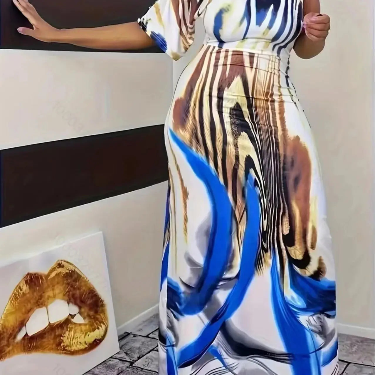 Plus size new women's fashion casual milk white printed single sleeved off shoulder dress long skirt