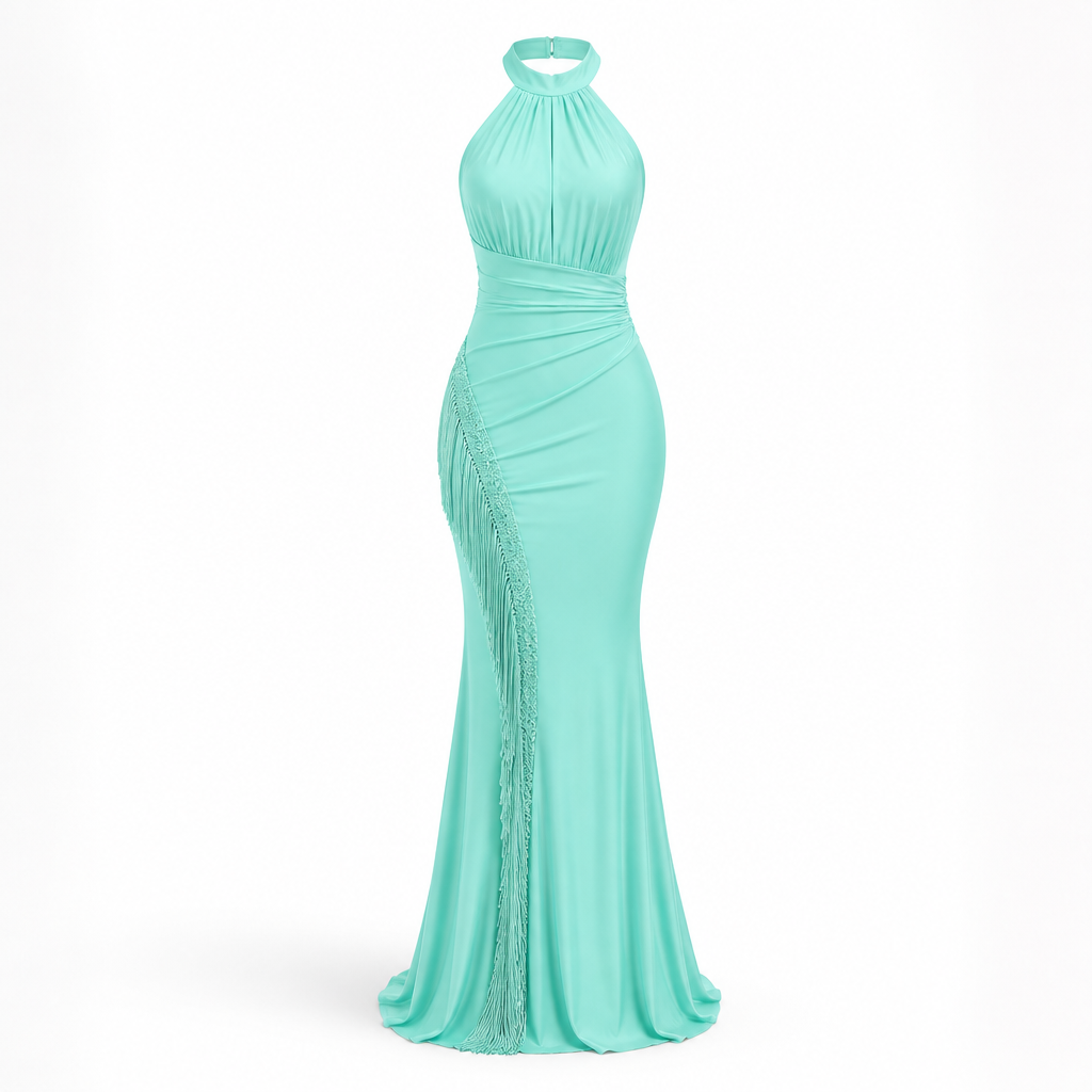 Women's Halter Evening Gown | Polyester Mint Green | Tassel Fishtail with Fitted Waist