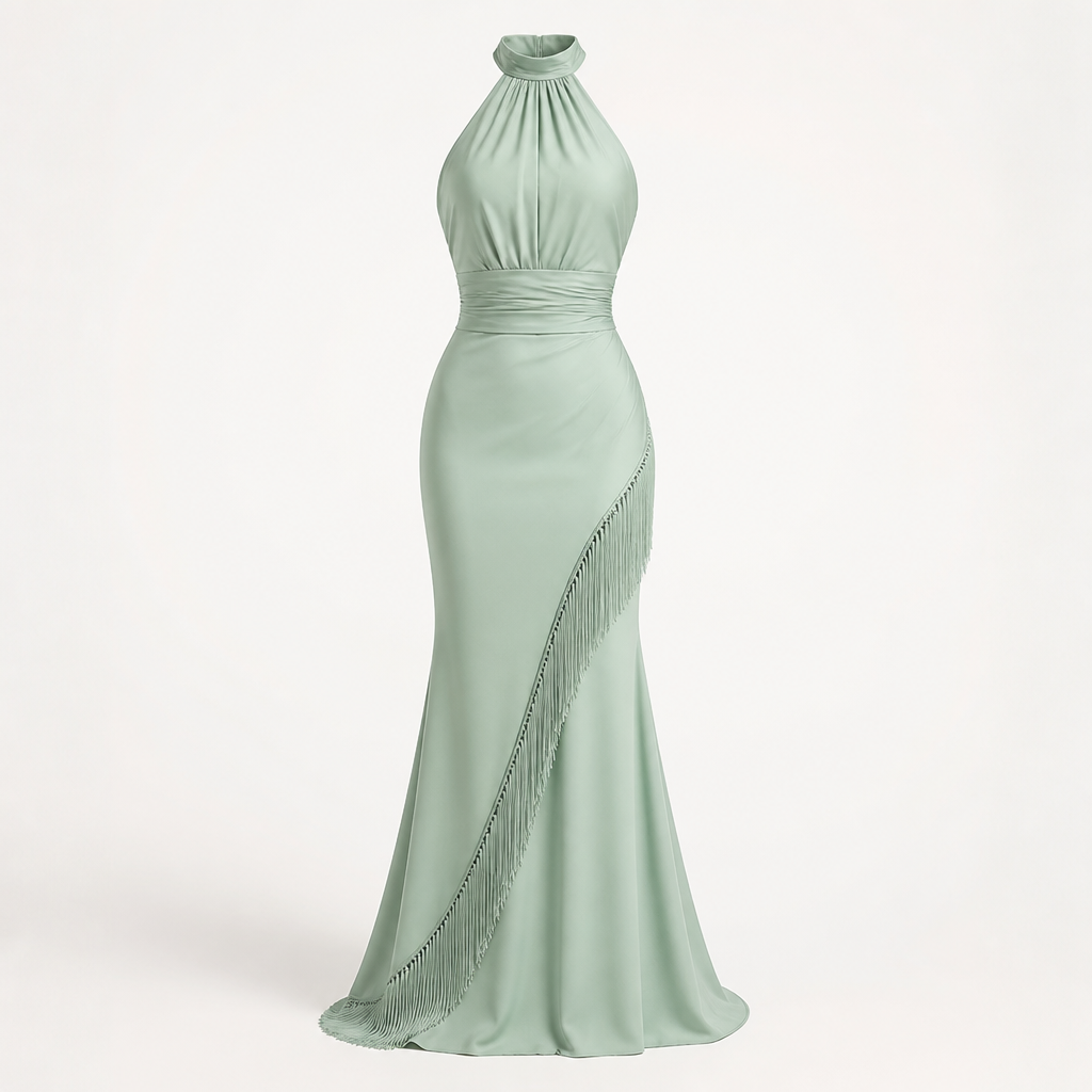 Women's Halter Evening Gown | Polyester Mint Green | Tassel Fishtail with Fitted Waist