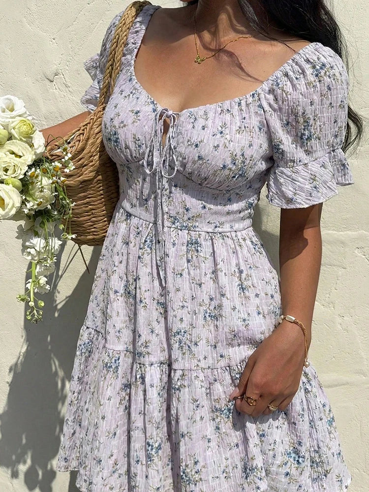 Sweet Printed Short Sleeved Beach Dress New Summer Vacation High Waisted Casual Dress 2026 Fashion Lace Up Pleated Party Dress