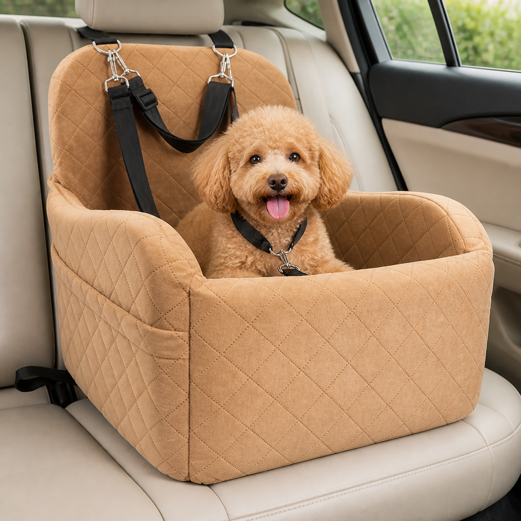 DogBedHouse Plush Memory Foam Dog Car Seat (3 Clip-On Safety Leashes)
