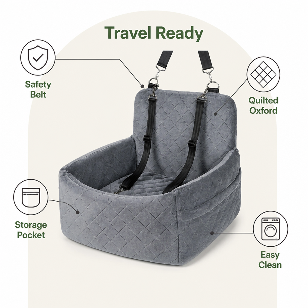 DogBedHouse Quilted Washable Oxford & Safety Belt Dog Car Seat (Removable Cushion)