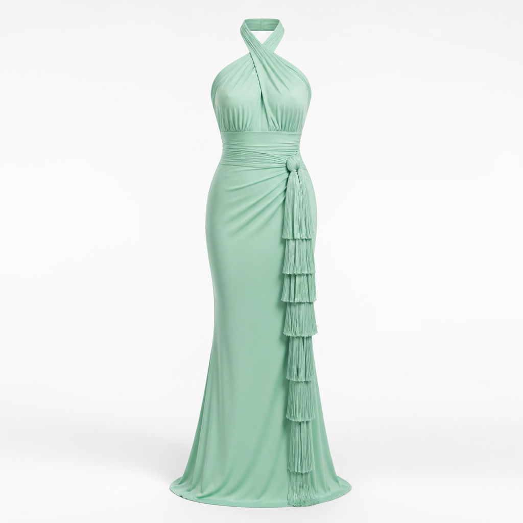 Women's Halter Evening Gown | Polyester Mint Green | Tassel Fishtail with Fitted Waist