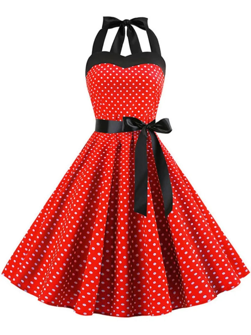Elegant Women Polka Dot Dress Summer Hepburn 1950s 60s Vintage Sexy Halter Rockabilly Retro Party Office Dresses 2026 Robe Pinup