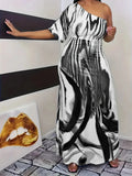 Plus size new women's fashion casual milk white printed single sleeved off shoulder dress long skirt