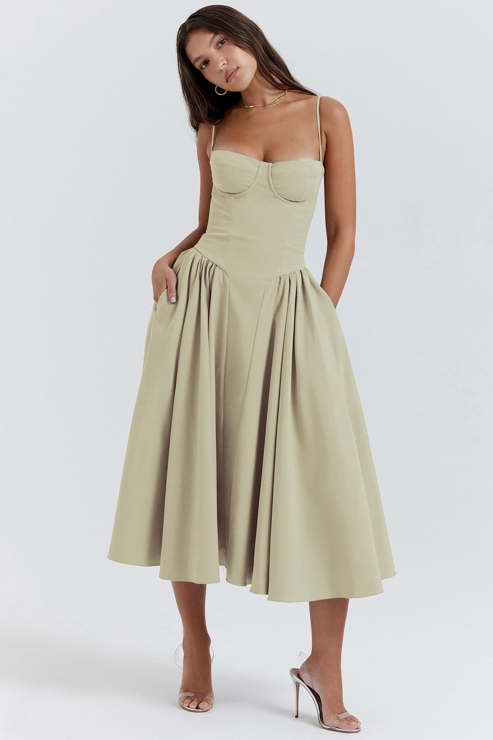 Avencea Wide Swinging, Deep Cut Midi Dress with Straps