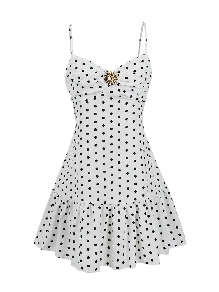 Breathable Polka Dot Ruffle Hem Mini Dress (Spaghetti Straps)