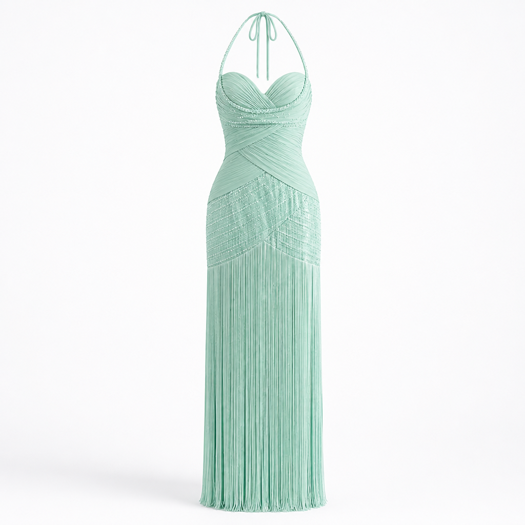 Women's Halter Evening Gown | Polyester Mint Green | Tassel Fishtail with Fitted Waist