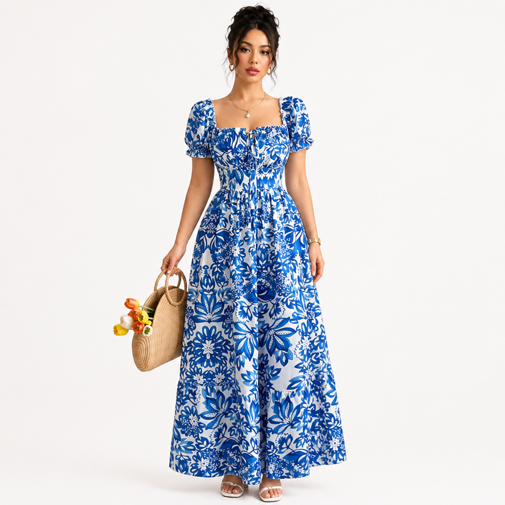 Women's Ankle-Length Dress | Floral Print Puff Sleeve | Tie Front Adjustable Fit | Beach Vacation