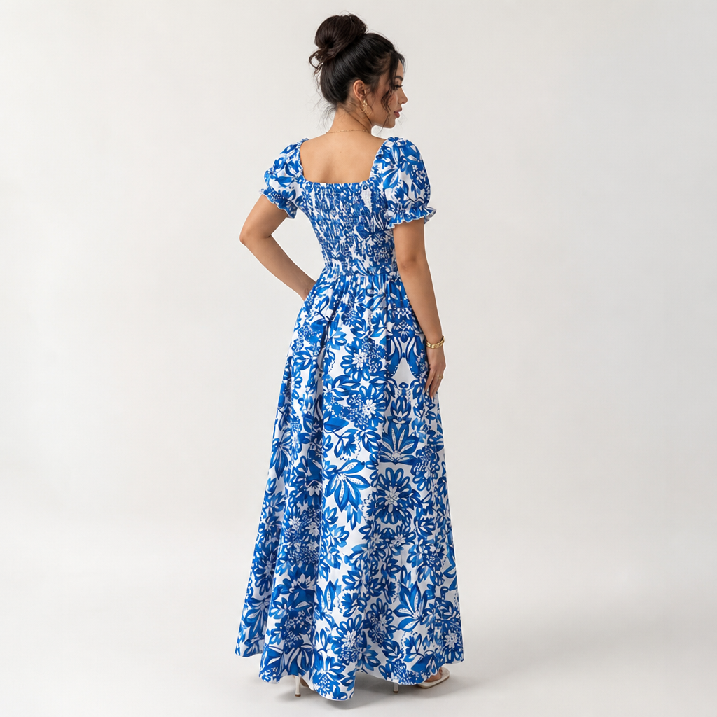 Women's Ankle-Length Dress | Floral Print Puff Sleeve | Tie Front Adjustable Fit | Beach Vacation