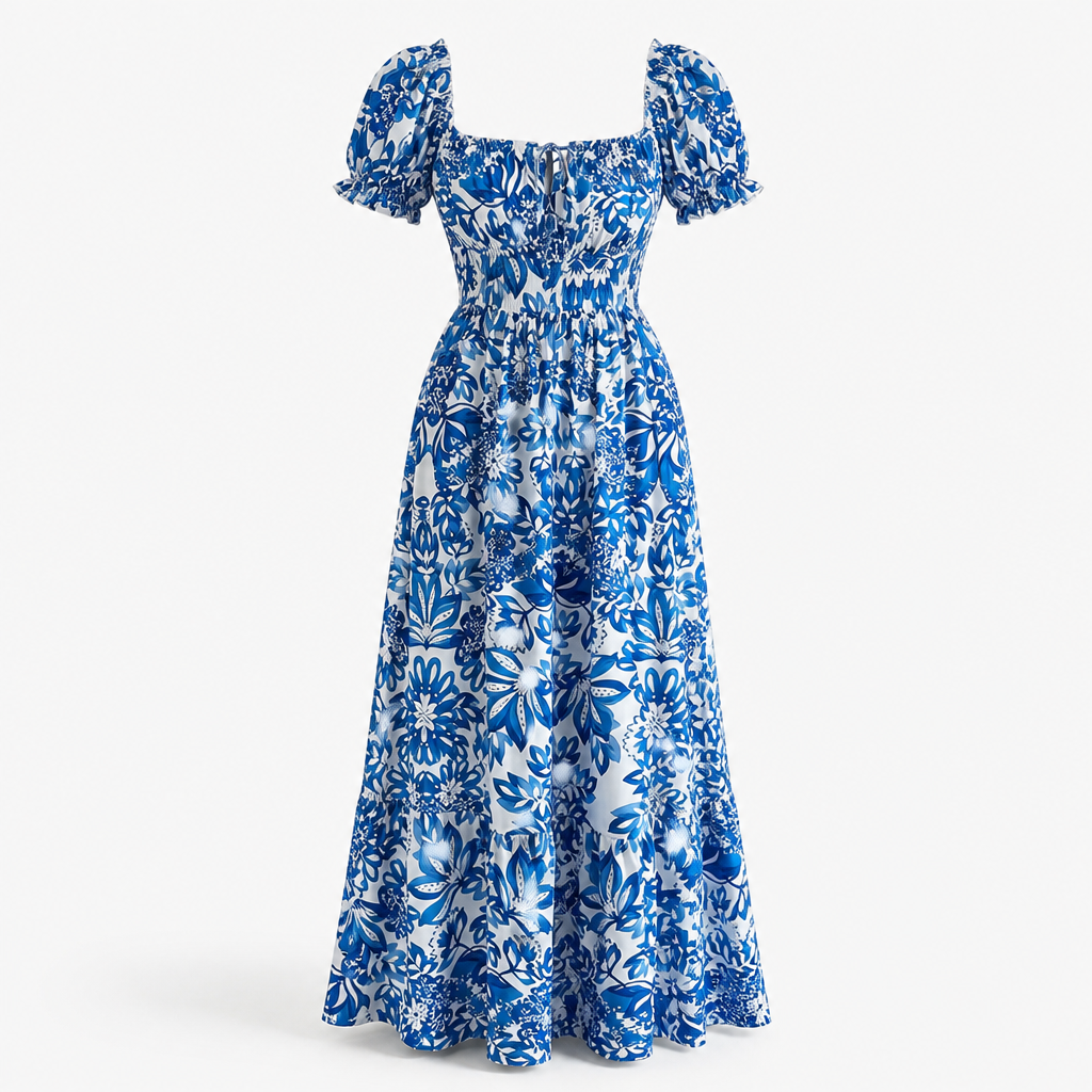 Women's Ankle-Length Dress | Floral Print Puff Sleeve | Tie Front Adjustable Fit | Beach Vacation
