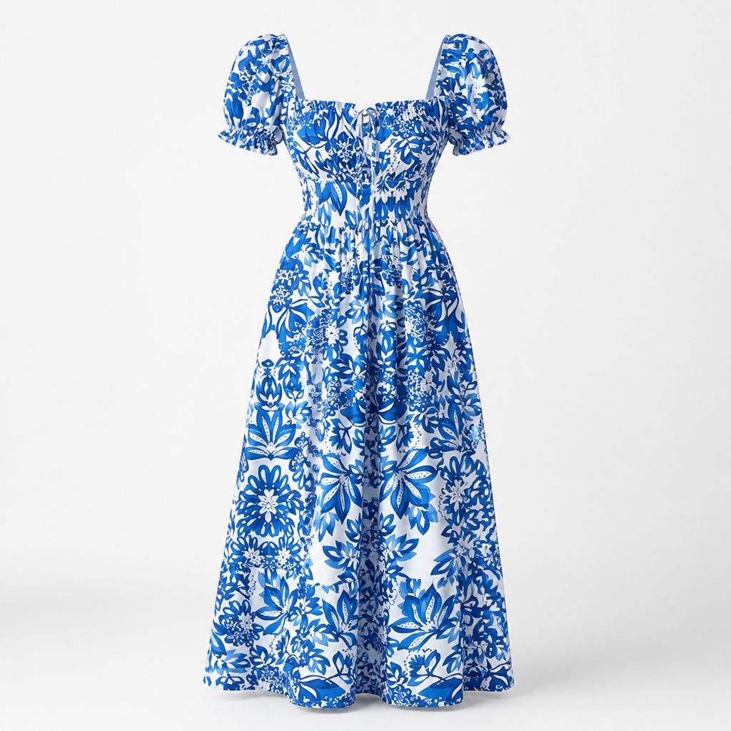 Women's Ankle-Length Dress | Floral Print Puff Sleeve | Tie Front Adjustable Fit | Beach Vacation