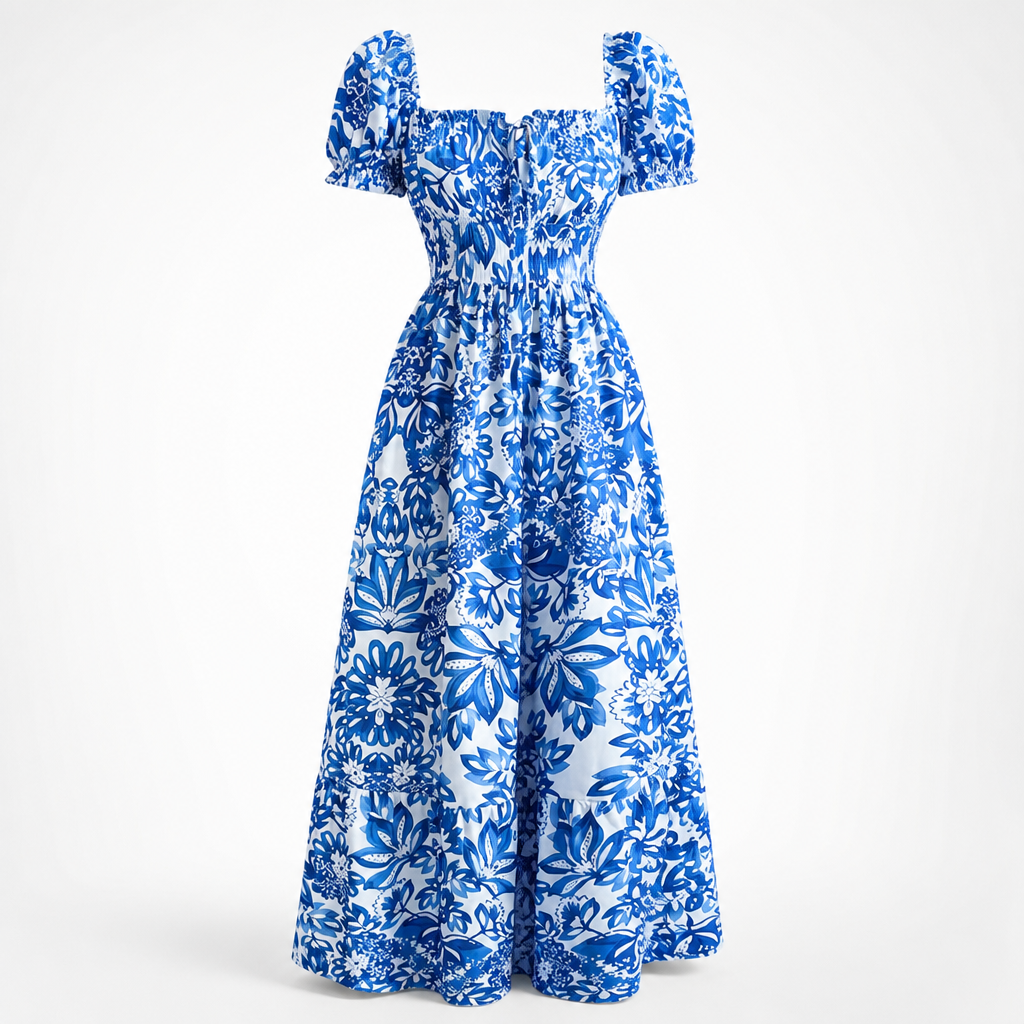 Women's Ankle-Length Dress | Floral Print Puff Sleeve | Tie Front Adjustable Fit | Beach Vacation