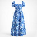 Women's Ankle-Length Dress | Floral Print Puff Sleeve | Tie Front Adjustable Fit | Beach Vacation