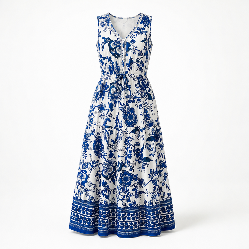Women's Floral Sundress | Patchwork Print | Pleated Long Skirt