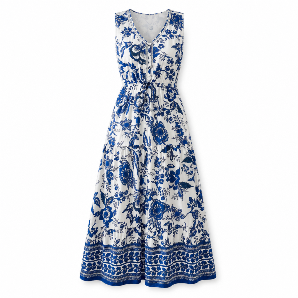 Women's Floral Sundress | Patchwork Print | Pleated Long Skirt