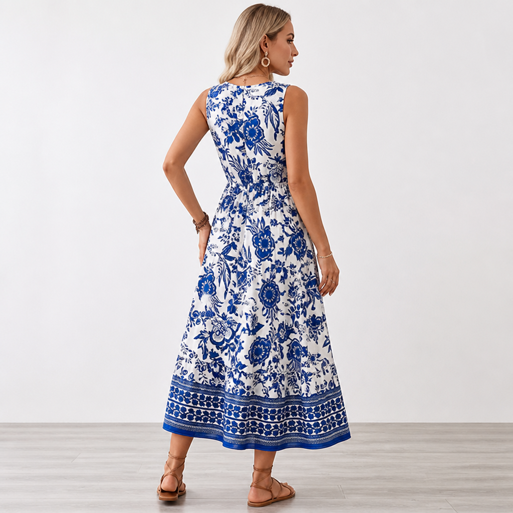 Women's Floral Sundress | Patchwork Print | Pleated Long Skirt
