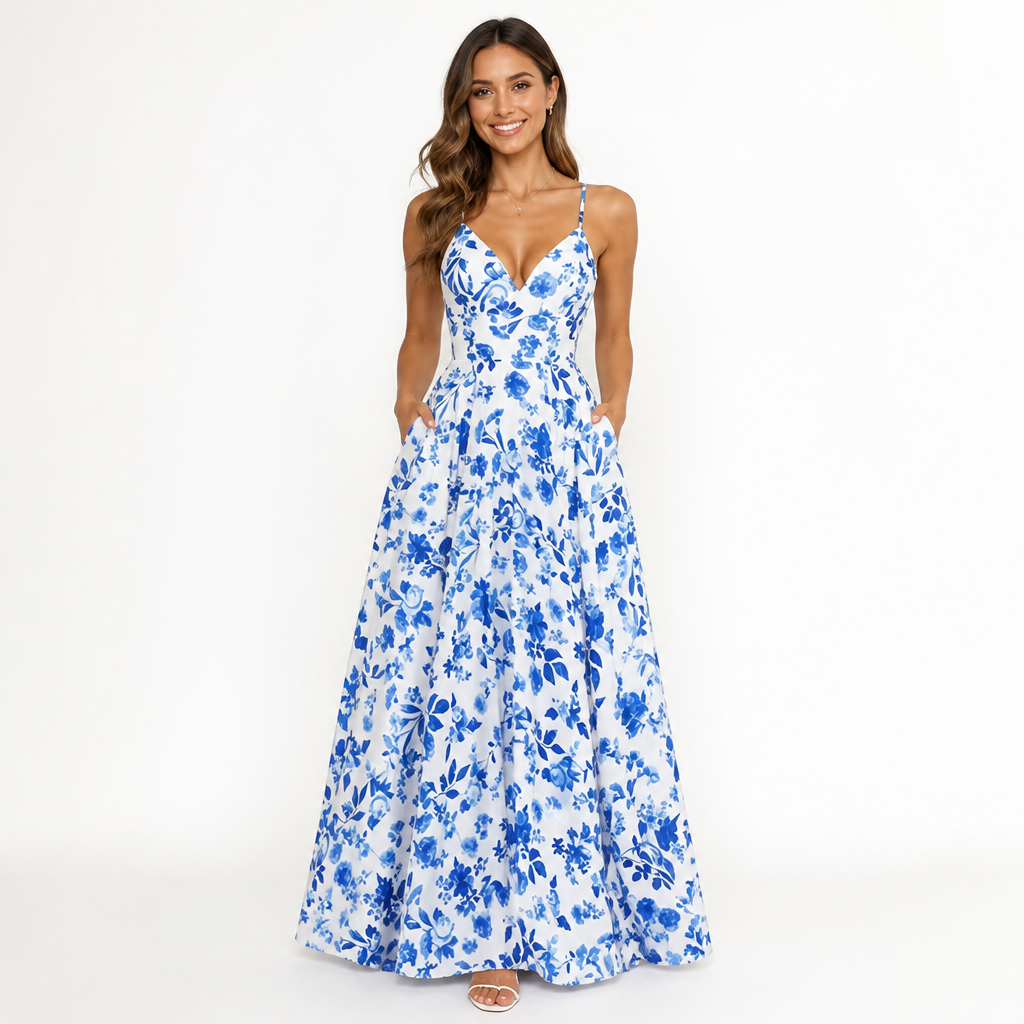 Women's Maxi Dress | Deep V Neck Strapless | Waist-Cinching Full Swing | Blue & White Print
