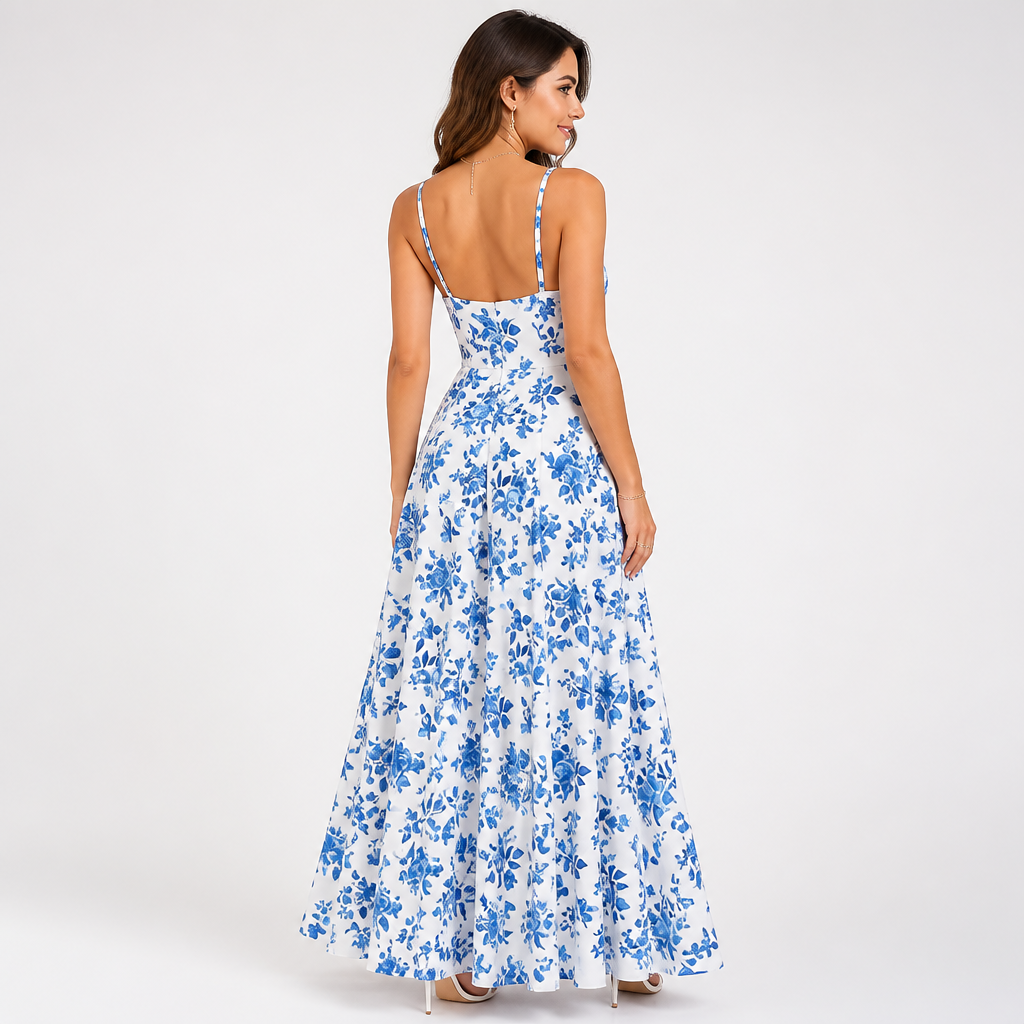 Women's Maxi Dress | Deep V Neck Strapless | Waist-Cinching Full Swing | Blue & White Print