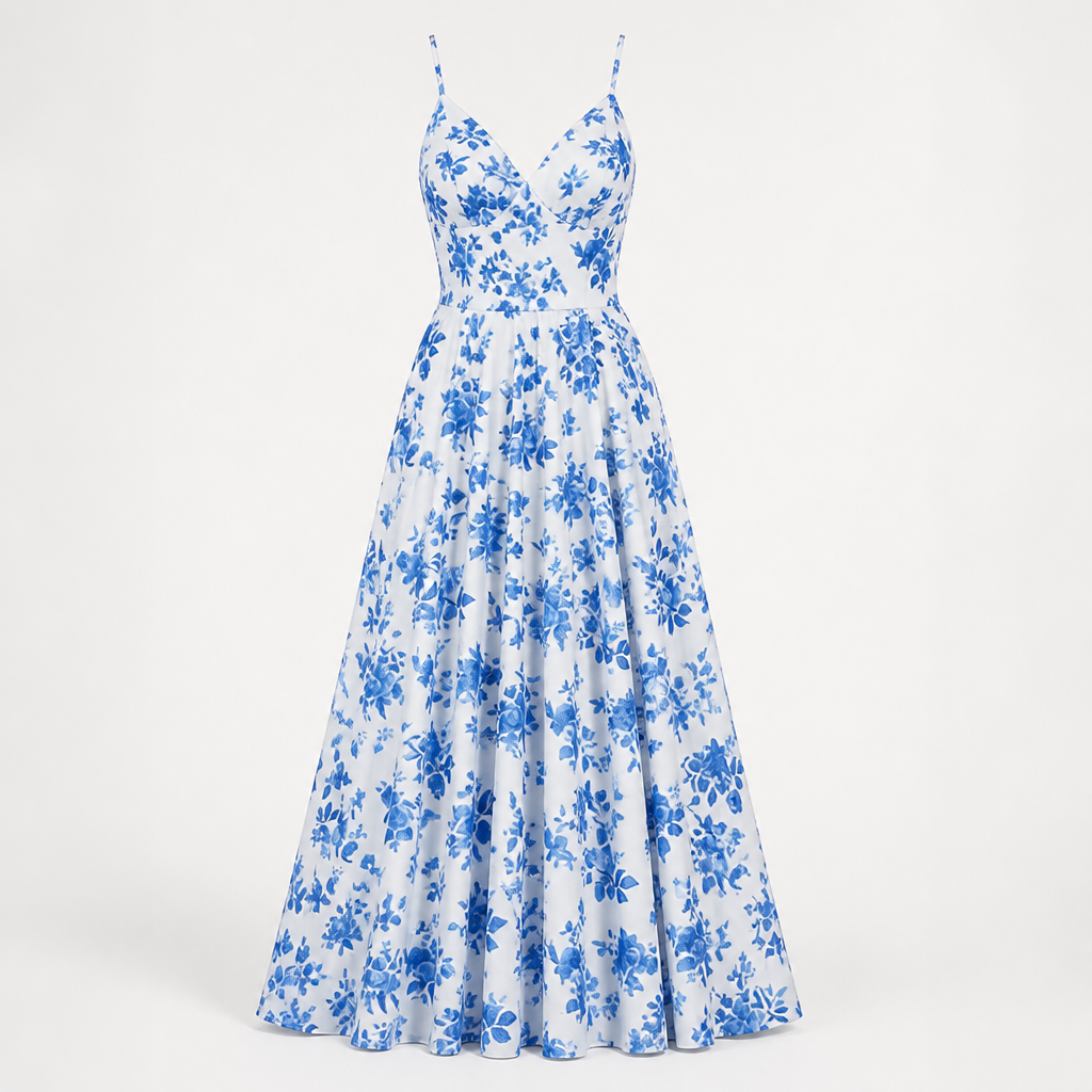 Women's Maxi Dress | Deep V Neck Strapless | Waist-Cinching Full Swing | Blue & White Print