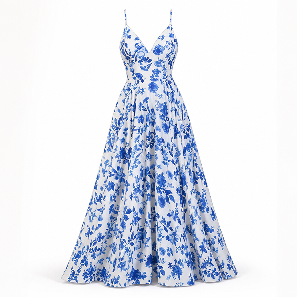 Women's Maxi Dress | Deep V Neck Strapless | Waist-Cinching Full Swing | Blue & White Print