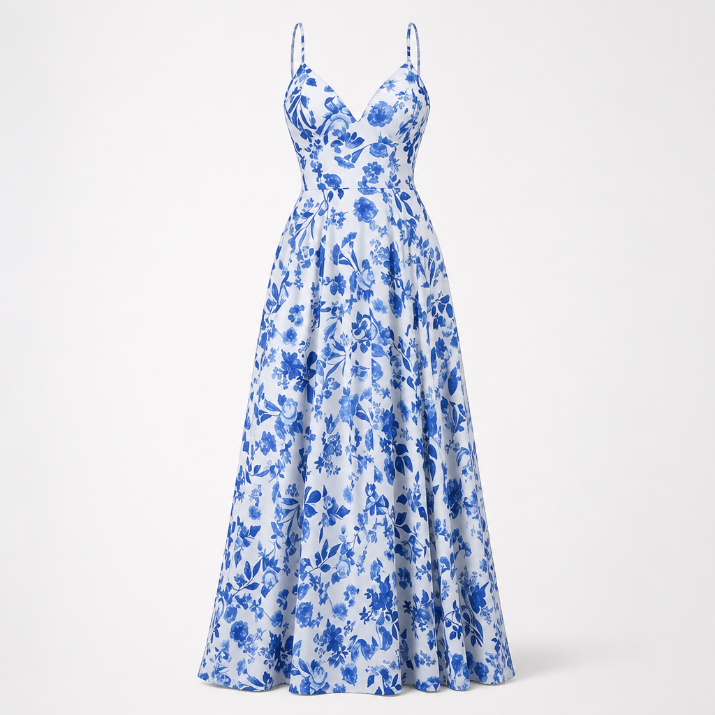Women's Maxi Dress | Deep V Neck Strapless | Waist-Cinching Full Swing | Blue & White Print