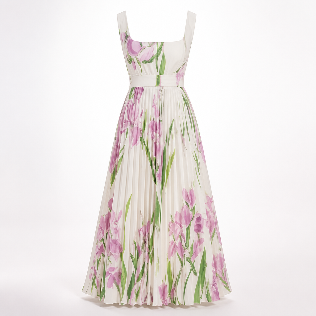 Women's Pleated Maxi Dress | Sleeveless Square Neck | Digital Floral Print | High Waist