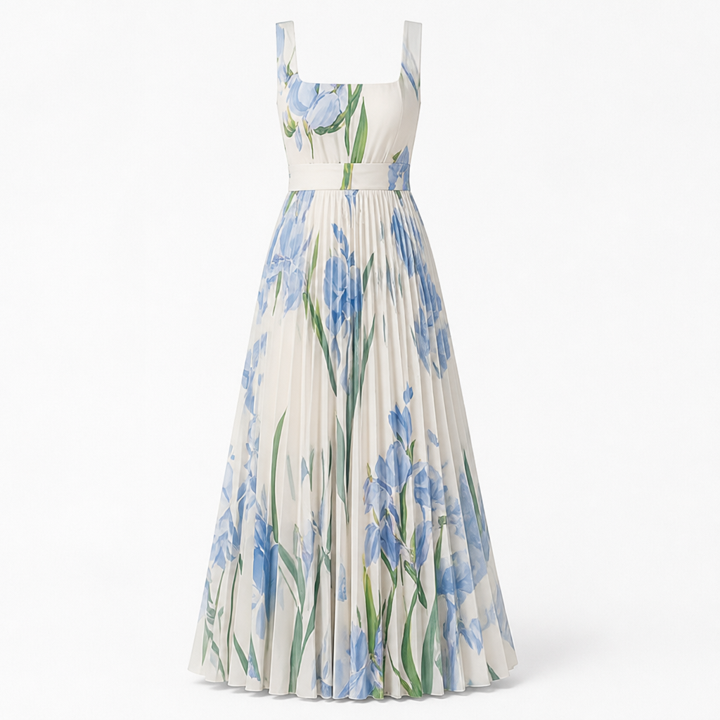 Women's Pleated Maxi Dress | Sleeveless Square Neck | Digital Floral Print | High Waist