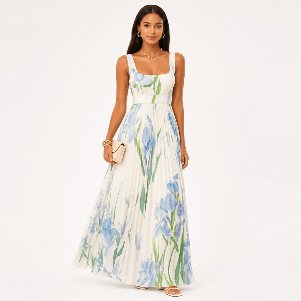 Women's Pleated Maxi Dress | Sleeveless Square Neck | Digital Floral Print | High Waist