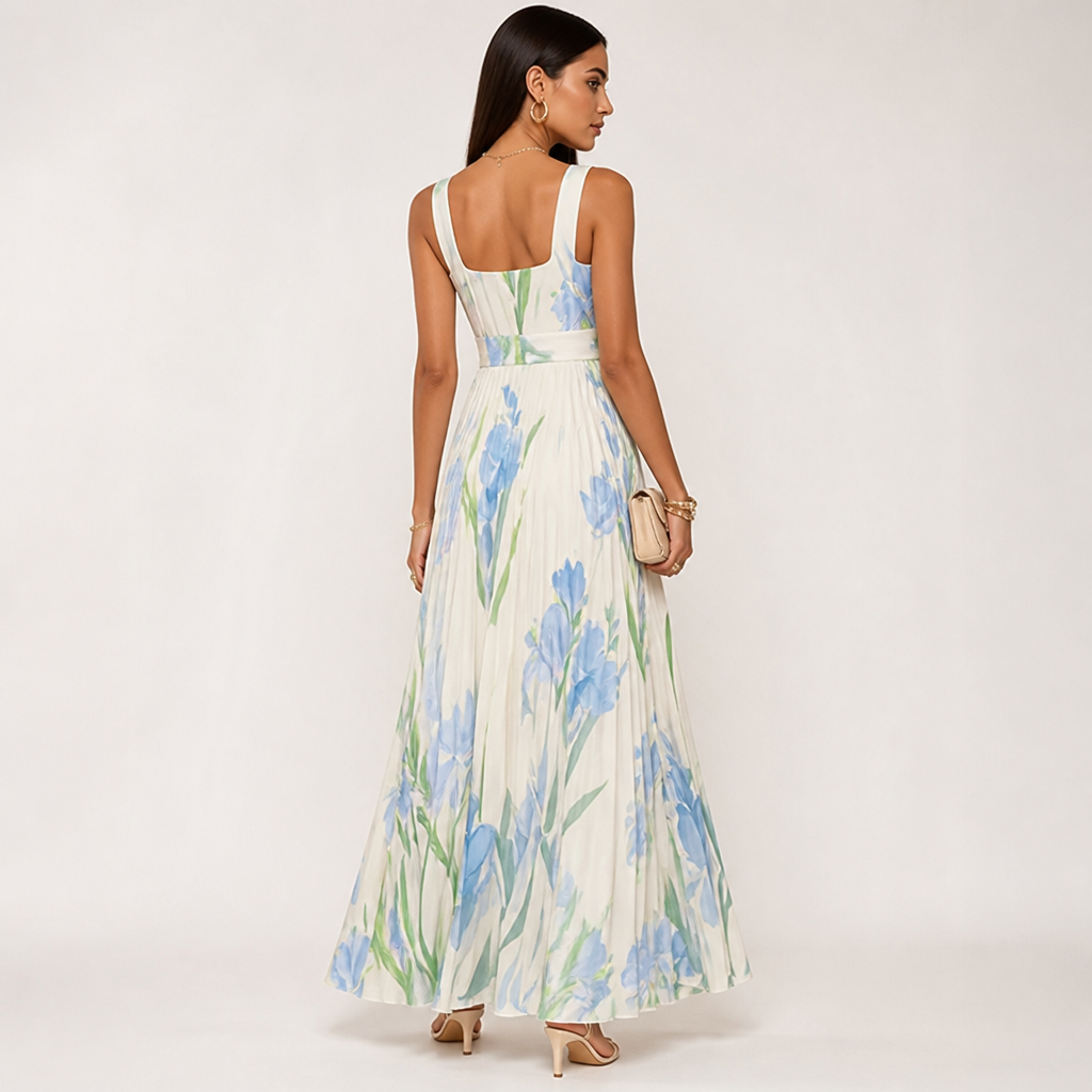 Women's Pleated Maxi Dress | Sleeveless Square Neck | Digital Floral Print | High Waist