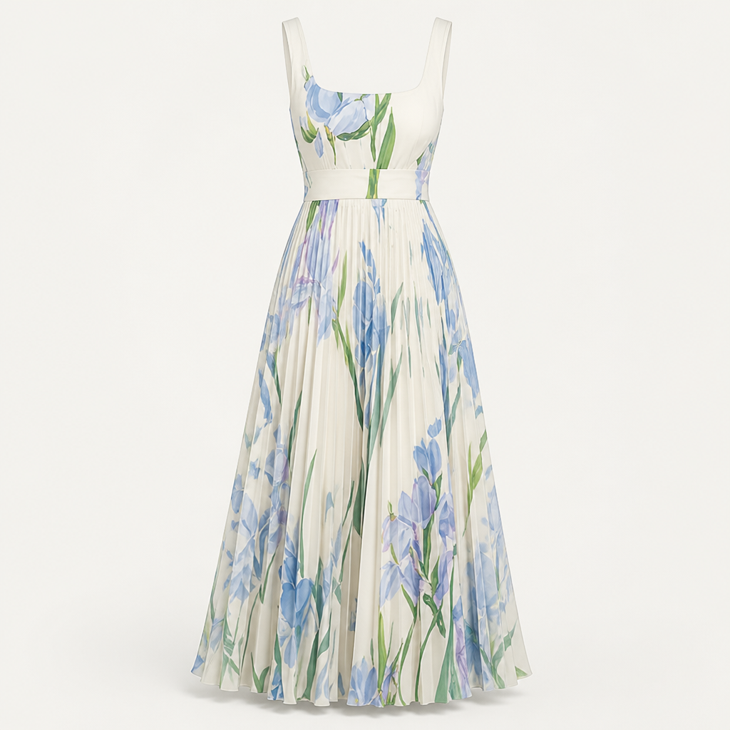 Women's Pleated Maxi Dress | Sleeveless Square Neck | Digital Floral Print | High Waist