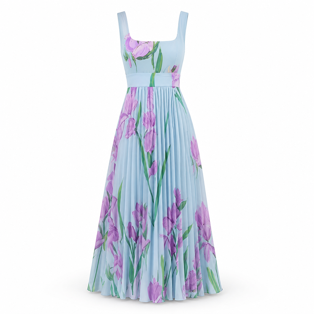 Women's Pleated Maxi Dress | Sleeveless Square Neck | Digital Floral Print | High Waist