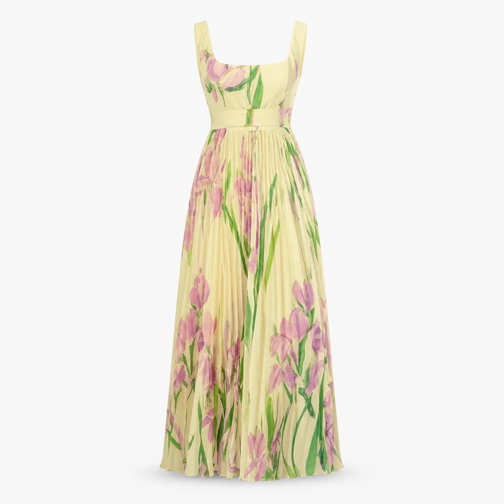 Women's Pleated Maxi Dress | Sleeveless Square Neck | Digital Floral Print | High Waist