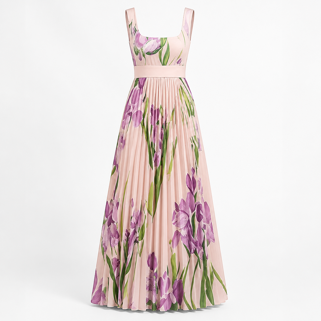 Women's Pleated Maxi Dress | Sleeveless Square Neck | Digital Floral Print | High Waist