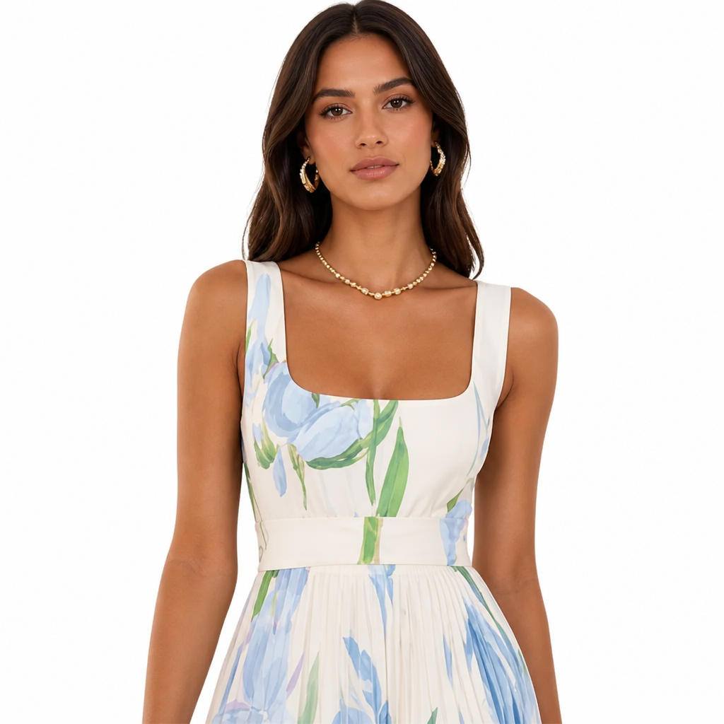Women's Pleated Maxi Dress | Sleeveless Square Neck | Digital Floral Print | High Waist