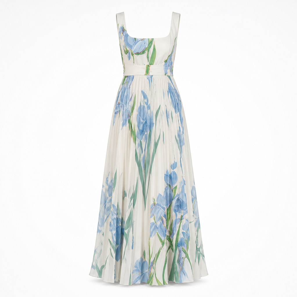 Women's Pleated Maxi Dress | Sleeveless Square Neck | Digital Floral Print | High Waist