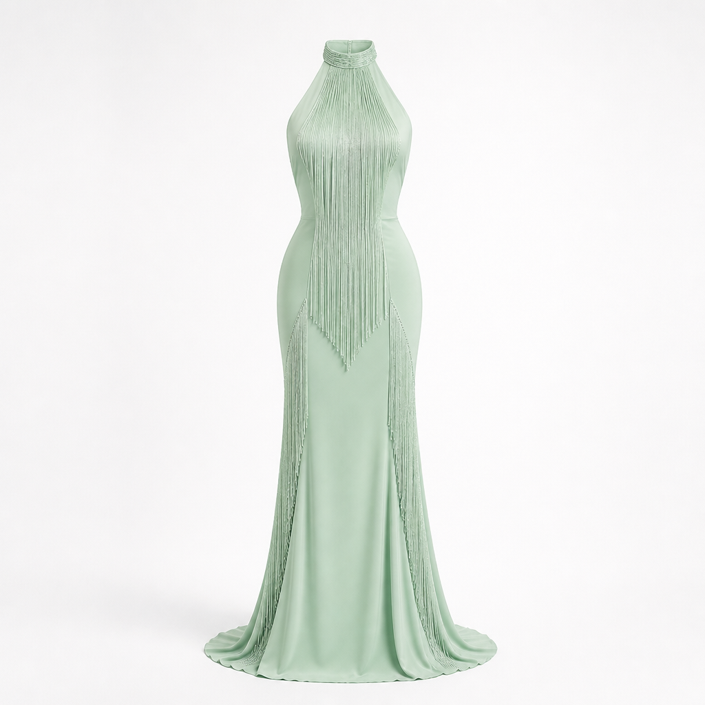Women's Halter Evening Gown | Polyester Mint Green | Tassel Fishtail with Fitted Waist