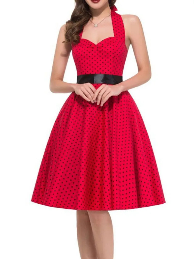 Elegant Women Polka Dot Dress Summer Hepburn 1950s 60s Vintage Sexy Halter Rockabilly Retro Party Office Dresses 2026 Robe Pinup