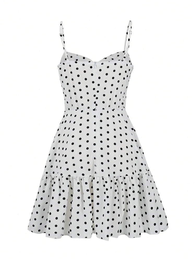 Breathable Polka Dot Ruffle Hem Mini Dress (Spaghetti Straps)