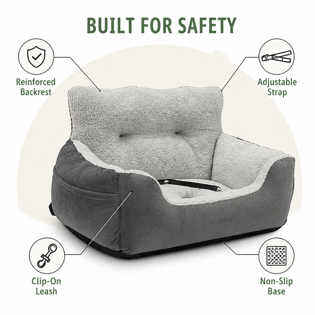 DogBedHouse Adjustable Straps & Clip-On Leash Booster Car Seat