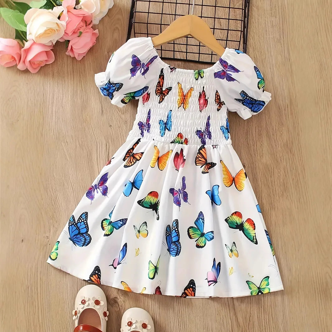 Children's Clothing for Girls: Vibrant Butterfly All-Over Print Dress Suitable for Children Aged 1-8, Summer Wear, White Colorful Butterfly Dress