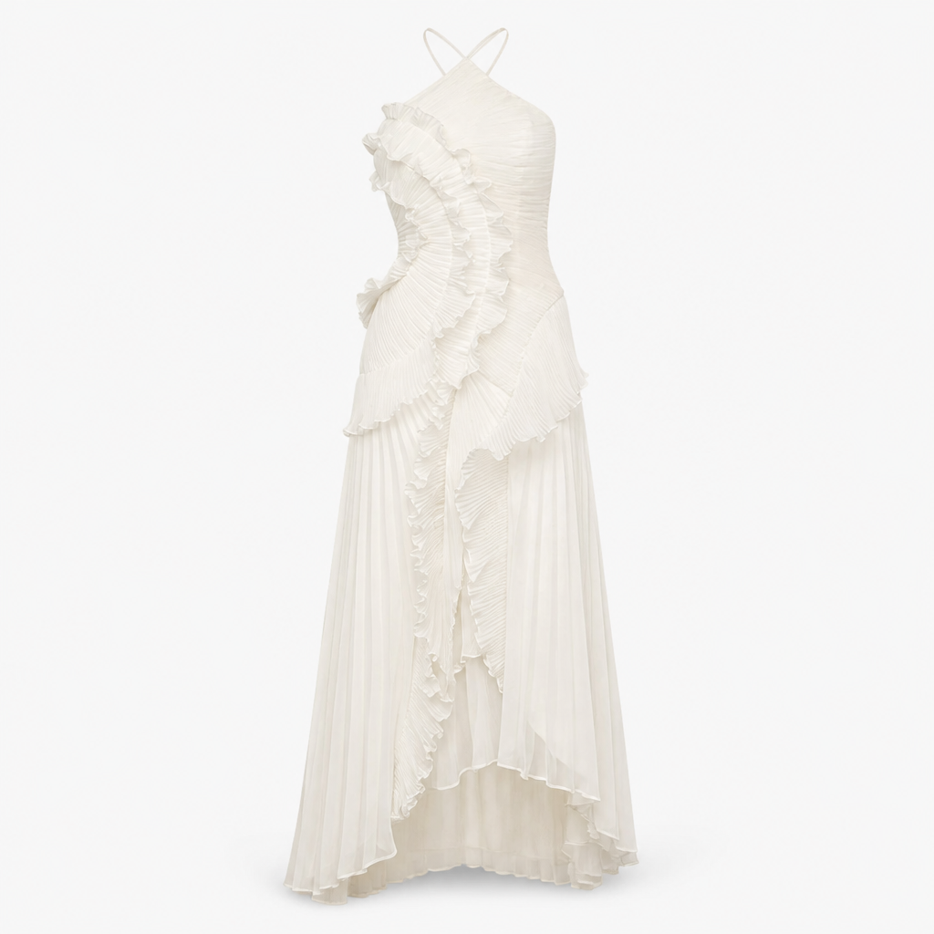 Women's Pleated Maxi Dress | Ruffle Off-Shoulder Layered Style | Floor-Length Wedding & Party
