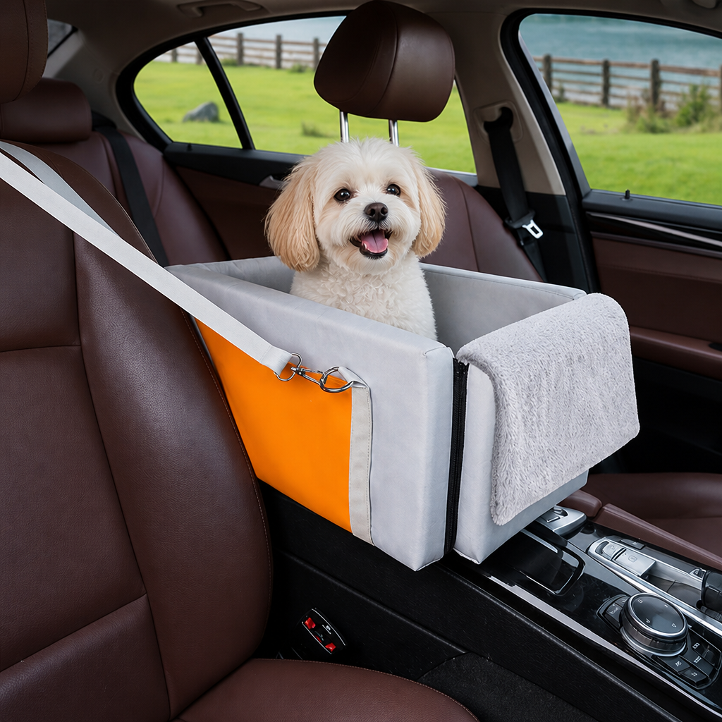 DogBedHouse Double-Belt Safety & Padded Car Booster Seat (Armrest Console)