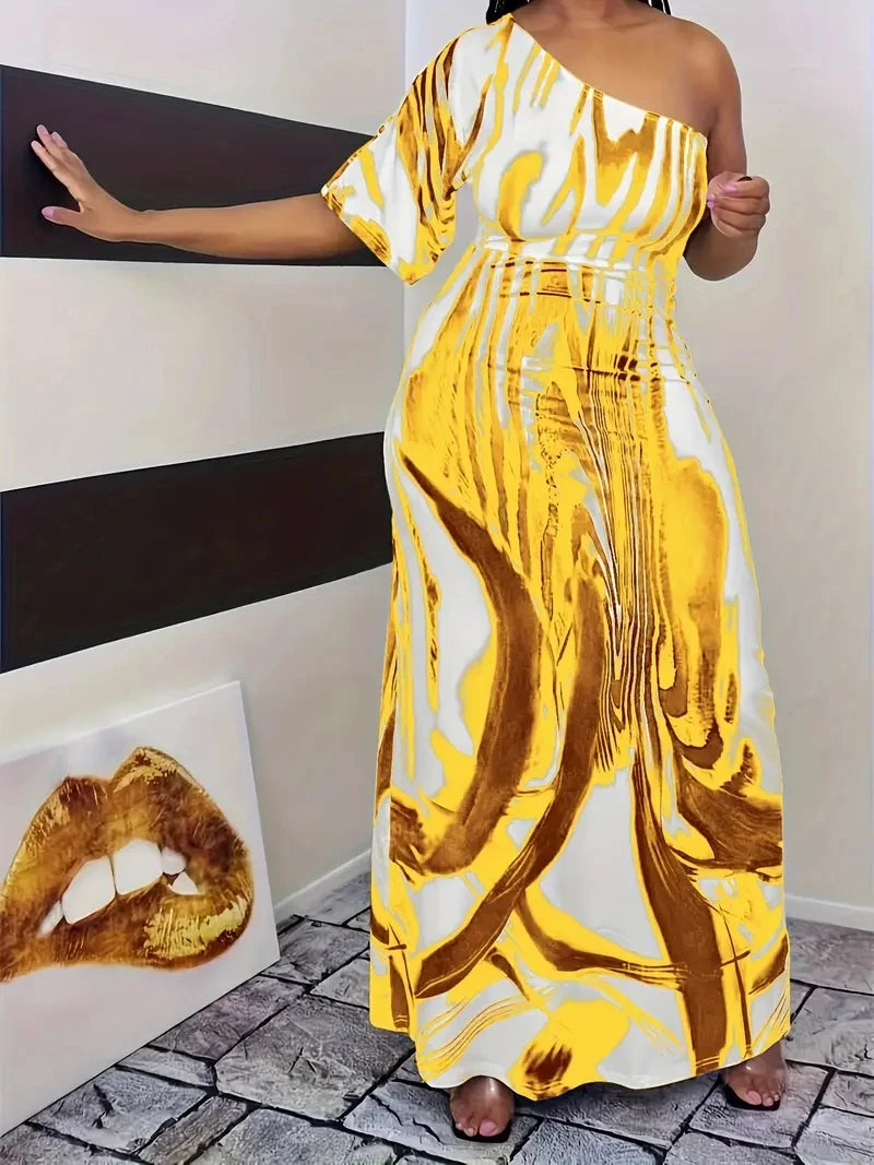 Plus size new women's fashion casual milk white printed single sleeved off shoulder dress long skirt