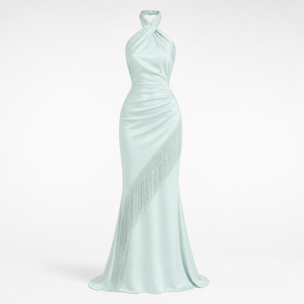 Women's Halter Evening Gown | Polyester Mint Green | Tassel Fishtail with Fitted Waist