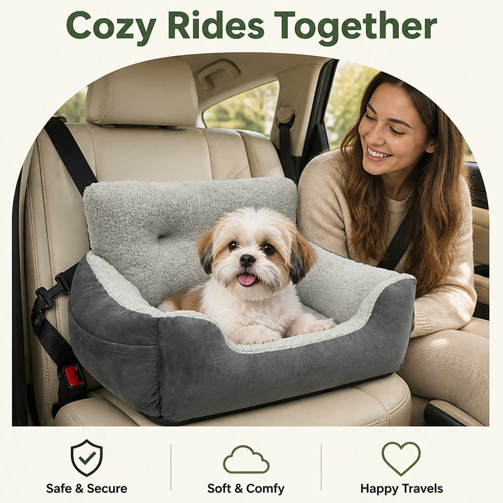 DogBedHouse Adjustable Straps & Clip-On Leash Booster Car Seat