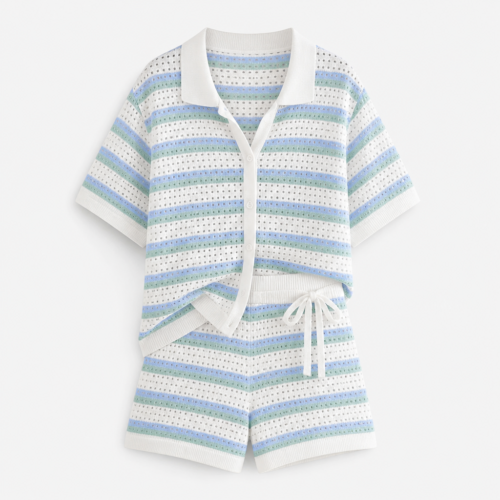 Women's 2-Piece Set | Knit Fabric | Contrast Stripes | Cardigan & Matching Shorts