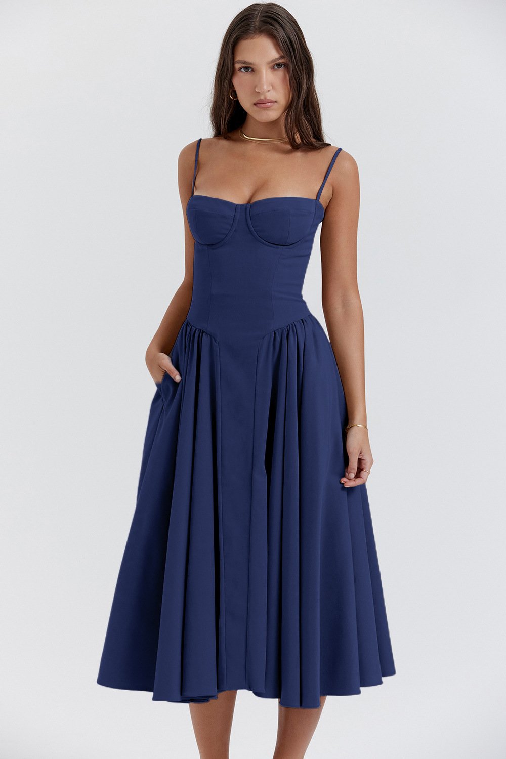 Avencea Wide Swinging, Deep Cut Midi Dress with Straps